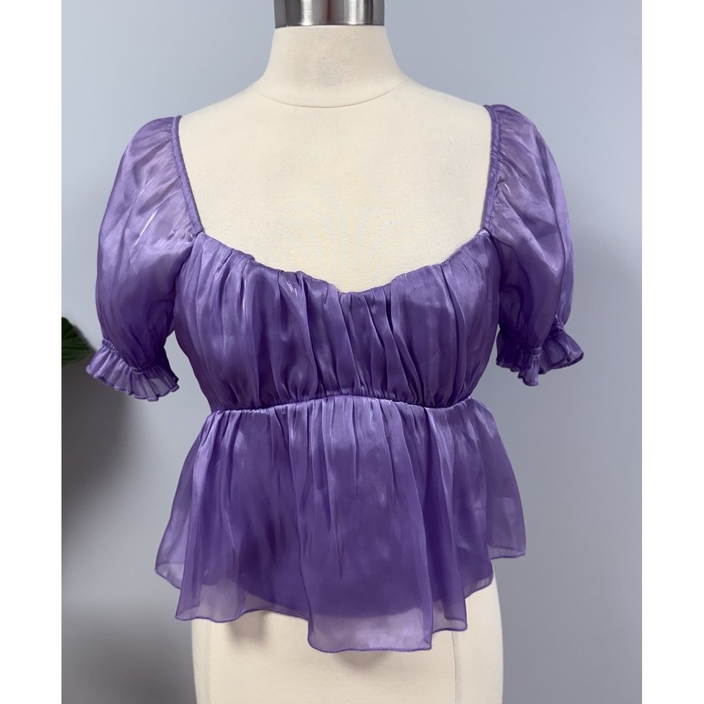 NWT Thirty Thirty Puff Sleeve Babydoll Top M Iridescent Purple Sheer Milkmaid